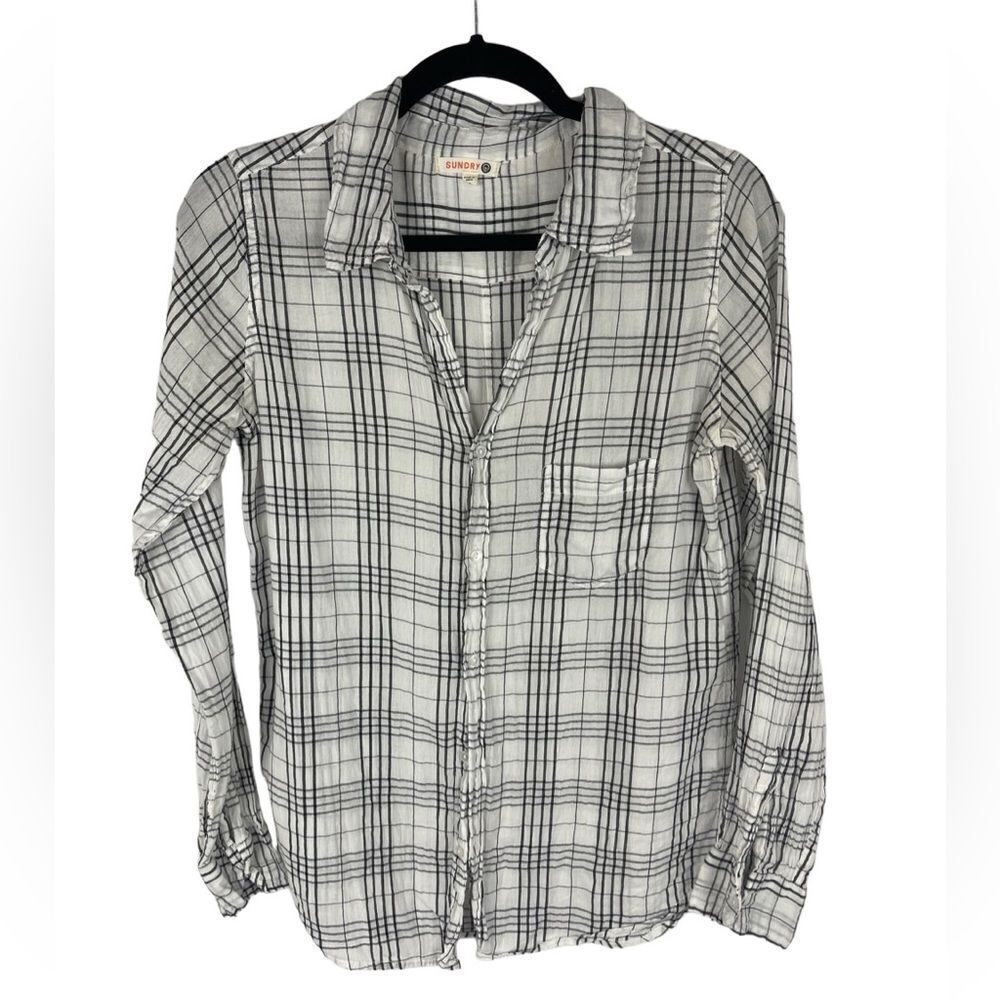 Sundry plaid 100% cotton button down shirt blouse white & black long sleeve sz 0